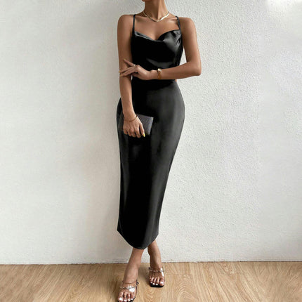 Women's Sleeveless Spaghetti Strap Satin Dress Cocktail Party Cowl Neck Back Tie Up Maxi Dresses
