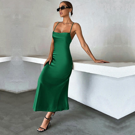 Women's Satin Sleeveless Bodycon Maxi Dress Spaghetti Strap Backless Elegant Party Long Dresses