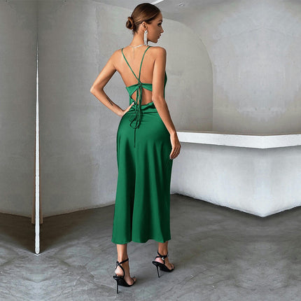 Women's Satin Sleeveless Bodycon Maxi Dress Spaghetti Strap Backless Elegant Party Long Dresses