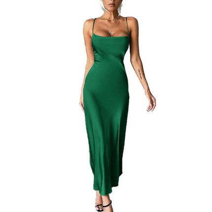 Women's Satin Sleeveless Bodycon Maxi Dress Spaghetti Strap Backless Elegant Party Long Dresses