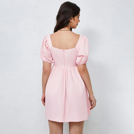 Women's Summer Sweetheart Neck Short Puff Sleeve Solid Color High Waist Flowy A Line Mini Dress