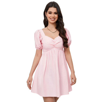 Women's Summer Sweetheart Neck Short Puff Sleeve Solid Color High Waist Flowy A Line Mini Dress