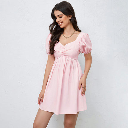 Women's Summer Sweetheart Neck Short Puff Sleeve Solid Color High Waist Flowy A Line Mini Dress