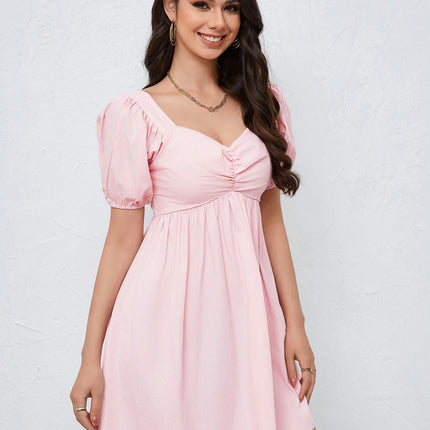 Women's Summer Sweetheart Neck Short Puff Sleeve Solid Color High Waist Flowy A Line Mini Dress