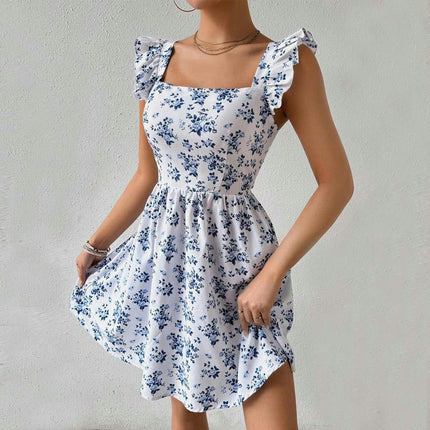 Women's Summer Casual Ruffle Cap Sleeve Square Neck Boho Floral A Line Mini Dress