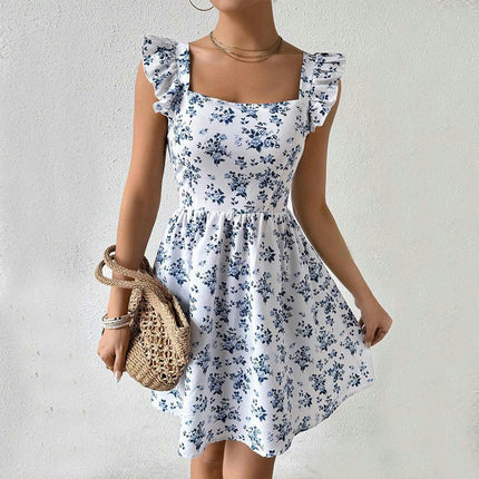 Women's Summer Casual Ruffle Cap Sleeve Square Neck Boho Floral A Line Mini Dress