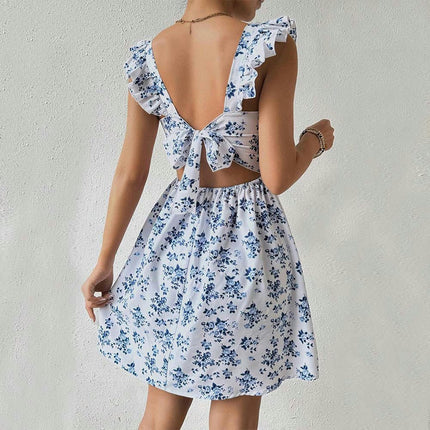 Women's Summer Casual Ruffle Cap Sleeve Square Neck Boho Floral A Line Mini Dress