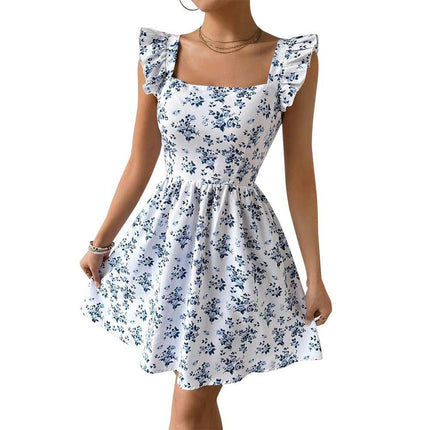 Women's Summer Casual Ruffle Cap Sleeve Square Neck Boho Floral A Line Mini Dress
