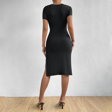 Women's Casual Crew Neck Short Sleeve Ruched Split Party Club Bodycon Midi Dress