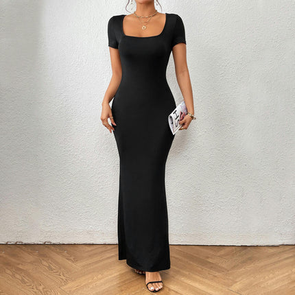 Women's Elegant Bodycon Maxi Dresses Square Neck Short Sleeve Cocktail Party Dress