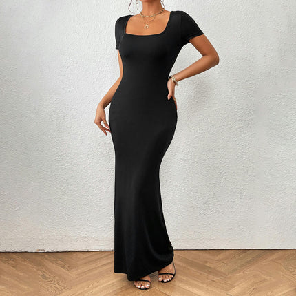 Women's Elegant Bodycon Maxi Dresses Square Neck Short Sleeve Cocktail Party Dress