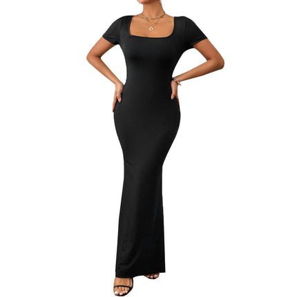 Women's Elegant Bodycon Maxi Dresses Square Neck Short Sleeve Cocktail Party Dress