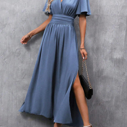 Women Casual Summer Dresses V Neck Flutter Short Sleeve High Waist Split Flowy Maxi Dress