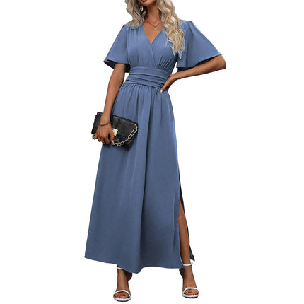 Women Casual Summer Dresses V Neck Flutter Short Sleeve High Waist Split Flowy Maxi Dress