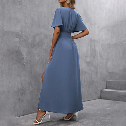 Women Casual Summer Dresses V Neck Flutter Short Sleeve High Waist Split Flowy Maxi Dress