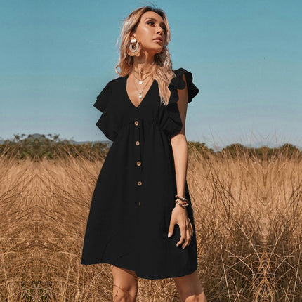 Women's Casual Summer Ruffle Sleeve V-Neck Button Down A-Line Swing Mini Dress
