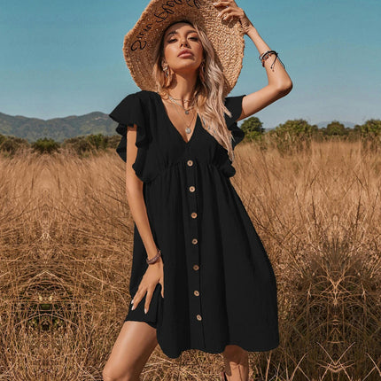 Women's Casual Summer Ruffle Sleeve V-Neck Button Down A-Line Swing Mini Dress