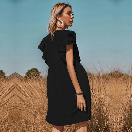 Women's Casual Summer Ruffle Sleeve V-Neck Button Down A-Line Swing Mini Dress