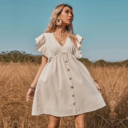 Women's Casual Summer Ruffle Sleeve V-Neck Button Down A-Line Swing Mini Dress