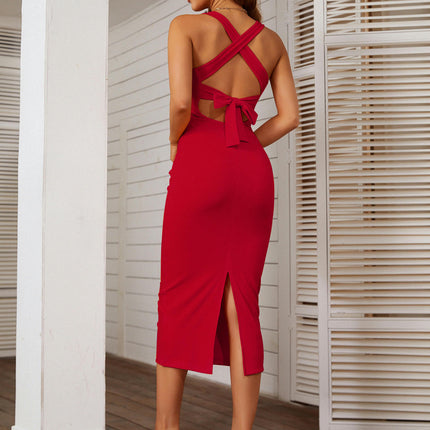 Women's Summer Midi Bodycon Dresses Backless Tie Slit Sleeveless Party Club Tank Dress