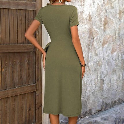 Women's Summer Dress Short Sleeve Wrap V Neck Tie Waist Split A-Line Midi Dresses