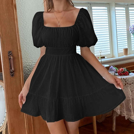 Women's Square Neck Ruffle Dress Summer Puff Short Sleeve A-line Swing Mini Dress