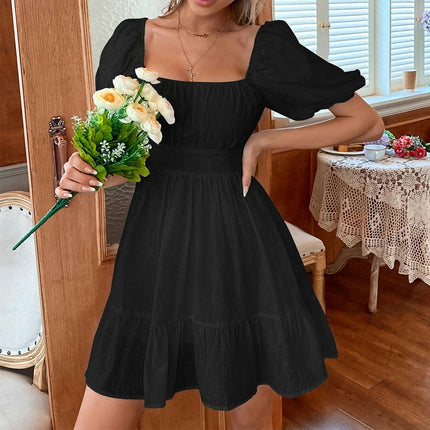Women's Square Neck Ruffle Dress Summer Puff Short Sleeve A-line Swing Mini Dress