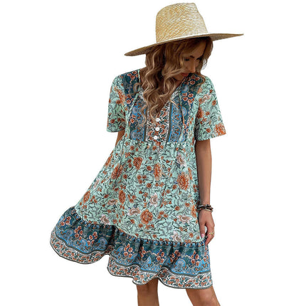 Women's Floral Ruffled Flowy Boho Summer V Neck Short Sleeve Mini Dress