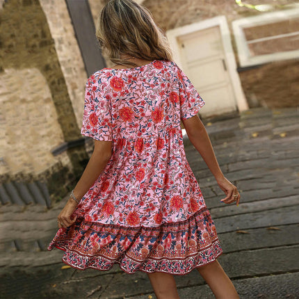 Women's Floral Ruffled Flowy Boho Summer V Neck Short Sleeve Mini Dress