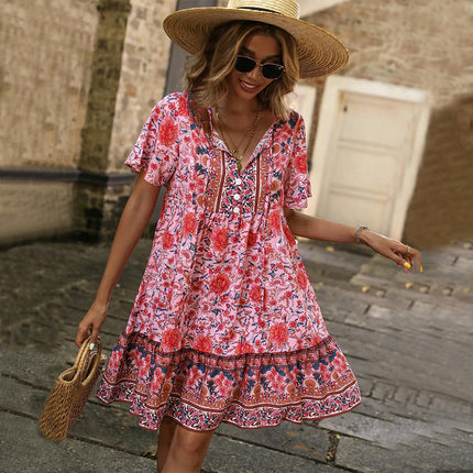 Women's Floral Ruffled Flowy Boho Summer V Neck Short Sleeve Mini Dress