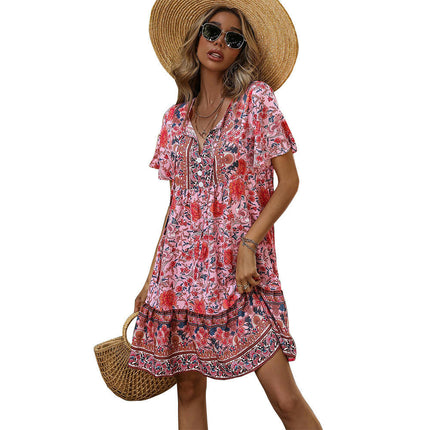 Women's Floral Ruffled Flowy Boho Summer V Neck Short Sleeve Mini Dress