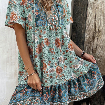 Women's Floral Ruffled Flowy Boho Summer V Neck Short Sleeve Mini Dress