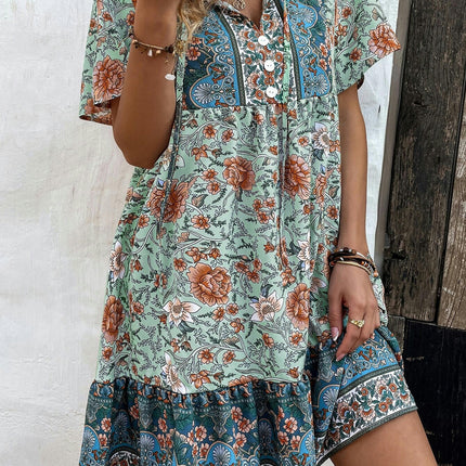 Women's Floral Ruffled Flowy Boho Summer V Neck Short Sleeve Mini Dress