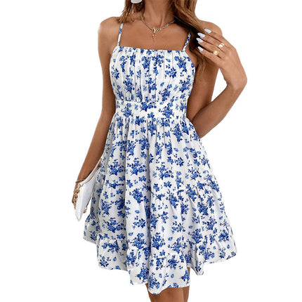 Women's Summer Mini Dress Casual Sleeveless Spaghetti Strap Ruffled A Line Floral Dress