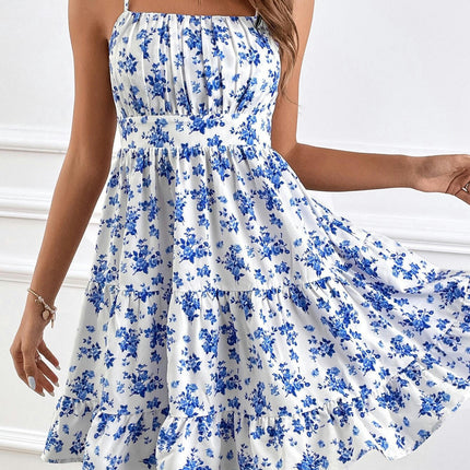 Women's Summer Mini Dress Casual Sleeveless Spaghetti Strap Ruffled A Line Floral Dress