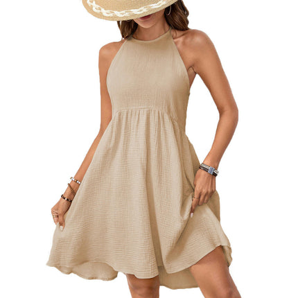 Women Summer Boho Mini Dress Halter Neck Tie Sleeveless Flowy A-Line Swing Dress