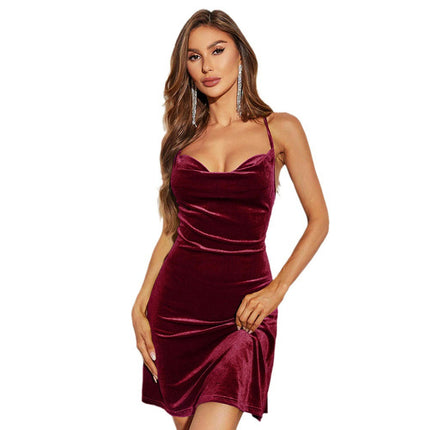 Women's Sleeveless Cowl Neck Spaghetti Straps Mini Dress Velvet Cocktail Party Dress