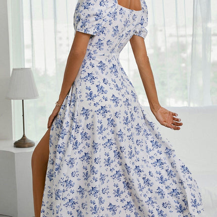 Summer Dress for Women Floral Puff Sleeves Causal Square Neck Boho Slit Midi Dress