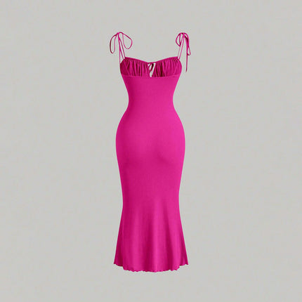 Womens Spaghetti Strap Dress Drawstring Square Neck Sleeveless Bodycon Long Dresses