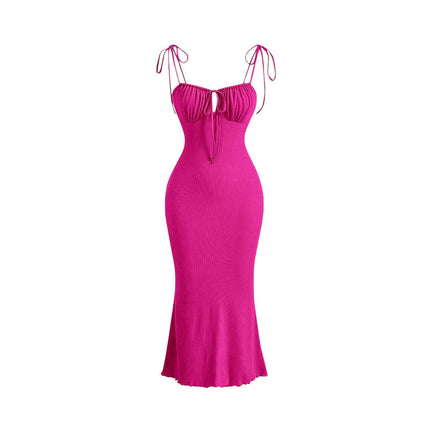 Womens Spaghetti Strap Dress Drawstring Square Neck Sleeveless Bodycon Long Dresses