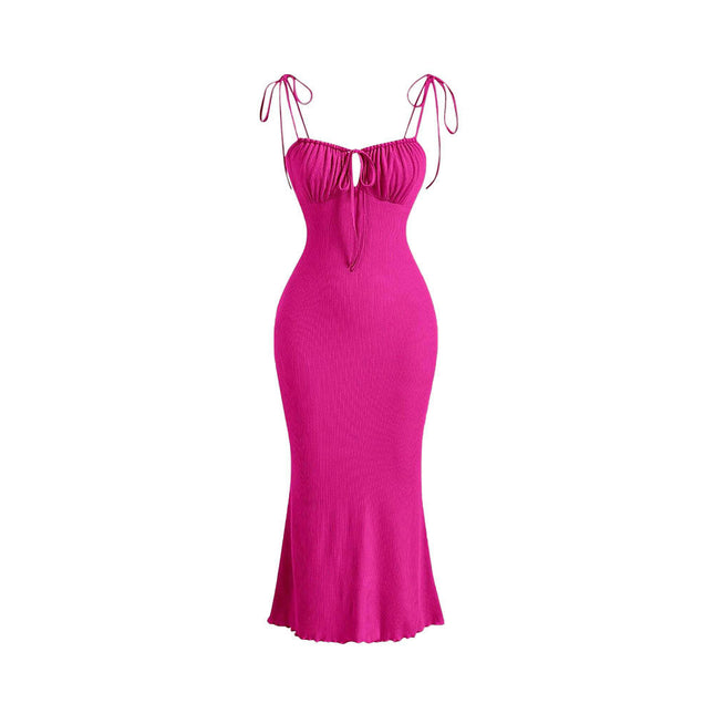 Womens Spaghetti Strap Dress Drawstring Square Neck Sleeveless Bodycon Long Dresses