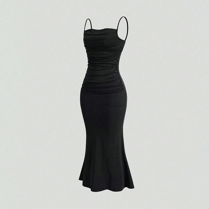 Women's Ruched Bodycon Long Dress Spaghetti Strap Sleeveless Mermaid Cocktail Party Dresses