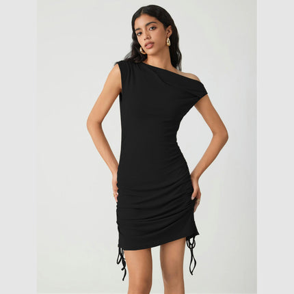 Women's Sexy Bodycon Mini Dress One Shoulder Ruched Drawstring Party Club Dresses