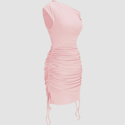 Women's Sexy Bodycon Mini Dress One Shoulder Ruched Drawstring Party Club Dresses