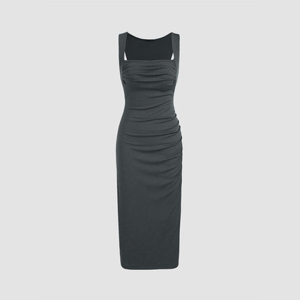 Women's Sexy Bodycon Ruched Midi Dress Summer Sleeveless Square Neck Party Club Dresses