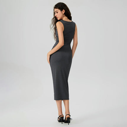Women's Sexy Bodycon Ruched Midi Dress Summer Sleeveless Square Neck Party Club Dresses