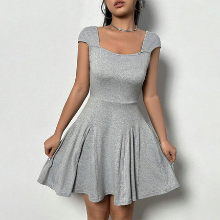 Women Summer Cap Sleeves Short Dress Square Neck Swing Solid Color Casaul Mini Dresses