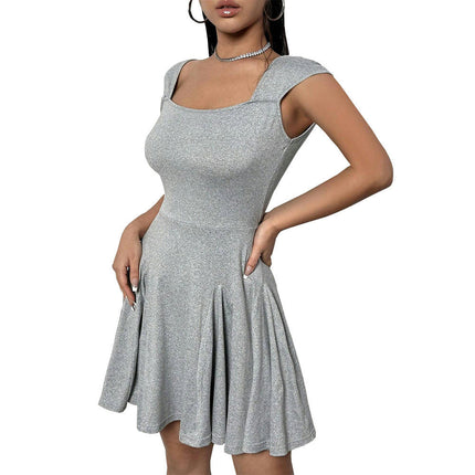 Women Summer Cap Sleeves Short Dress Square Neck Swing Solid Color Casaul Mini Dresses