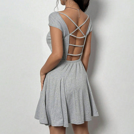 Women Summer Cap Sleeves Short Dress Square Neck Swing Solid Color Casaul Mini Dresses
