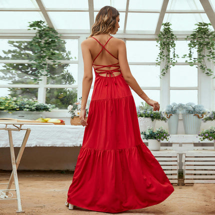 Women's Spaghetti Strap Sleeveless Maxi Dress Backless Lace-Up Tiered Ruffle A Line Party Dress